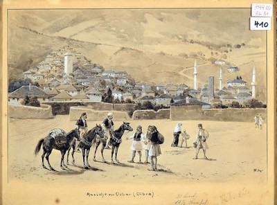 Ernst Liebermann, 1869 Langenmüss - 1960 Beuerberg/Wolfratshausen, Illustrationsvorlage, "Ansicht von Debar (Dibra)", Tuschezeichnung ...