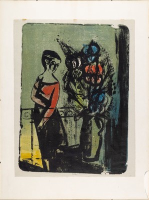 Karl Rödel, 1907 Neu Isenburg - 1982 Mannheim, Lithographie, Frau mit Blumenstrauß, handsigniert, ca. 63 x 48 cm, l. Verfärbungen bzw. ...