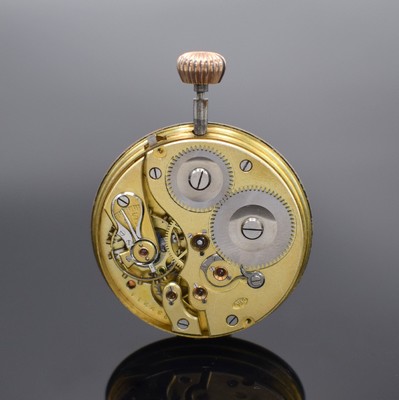 IWC Taschenuhrwerk Kaliber 52, Schweiz um 1900, Emailzifferbl. besch., gold. Zeiger, verg. Werk Kal. 52, Komp.-Unr., Breguet-Sp., 4 verschr. Chatons, ...