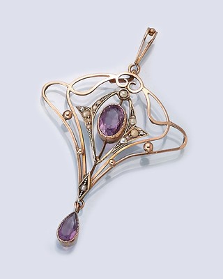 9 kt Gold Jugendstil Perl-Amethyst-Anhänger, um 1900, RG/GG 375/000, 2 facett. Amethystezus. ca. 0.80 ct, kl. Zuchtperlbesatz, L. ca. 5.5 cm