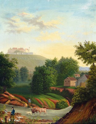 Zuschreibung: Carl Koch, 1788-1875, Landschaft mit Blick auf die Veste Coburg, Personen- und Viehstaffage am Fluss, Öl/Lwd, Rahmen, verso altes ...