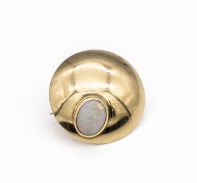 18 kt Gold Opal-Brosche, GG 750/000, schlicht, rund, ovaler Opal-Cabochon, schönes Farbspiel, D. ca. 2.5 cm, ca. 6.5 g