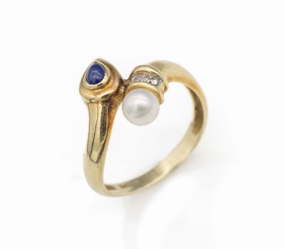 14 kt Gold Saphir-Zuchtperl-Ring, GG 585/000, 1 Zuchtperle, D. ca. 5.1 mm, 1 kl. Saphir-Cabochon, RW 58, ca. 3.8 g