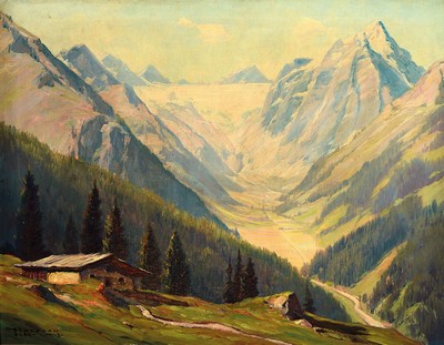 Alexander Scherban, 1886 Wien - 1964 Nürnberg , Studium an der Wiener Kunstgewerbeschule und an der Akademie München, Alpenlandschaft, Blick wohl ...