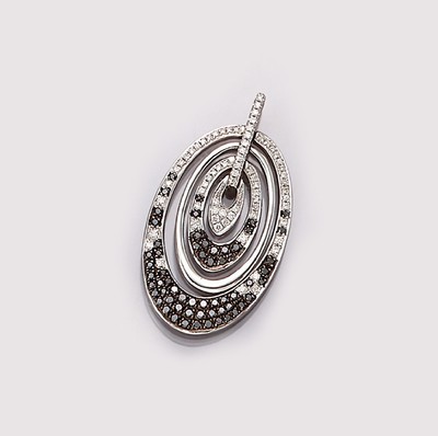 18 kt Gold Diamant-Anhänger, WG 750/000, 69Brillanten zus. ca. 0.24 ct feines Weiß/vs, 60schwarze Diamanten zus. ca. 0.34 ct, in sich bewegl., ca. ...