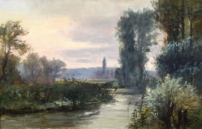 Adam Leonhard, 1876 Bühl-1926 Rastatt, Flußauenlandschaft, Öl/Lwd, rechts unten signiert, ca. 36x57cm, R. ca. 46x66cm
