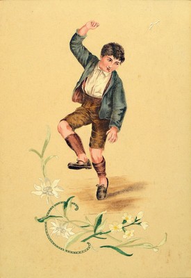 Unbekannter Künstler, süddeutsch, um 1890-1900, tanzender Junge, Gouache auf Stoff, darunter gesticktes Edelweiss-Ornament, ca. 62x42cm, u.Gl., mit ...