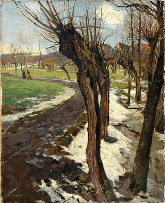 E. Mörner, Künstler der 1.H. des 20.Jh., winterliche Parklandschaft am Stadtrand, von Weiden gesäumter Weg, Paar Flaneure als mittelgründige ...