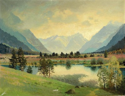 Josef Süssmeier, 1896 Rohr-1971 München, Vorgebirgslandschaft mit See und Baumgruppen, Öl/Lwd, links unten sign. Yos München, ca. 70x90cm, mittig ...