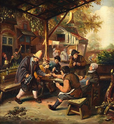 M. Adam, Maler um 1910-20, Gesellige Runde im Biergarten, Öl/Lwd, links unten signiert, ca. 55x50cm, R. ca. 75x70cm