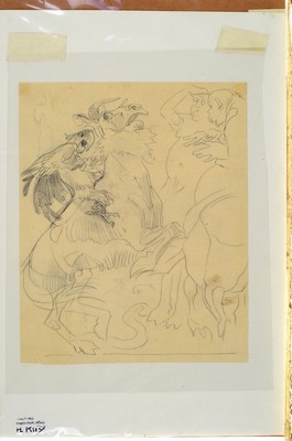 Heinrich Kley, 1863 Karlsruhe-1945 München, Bleistiftzeichnung, Pferd, Papagei und Personen, Karikaturcharakter, links unten auf dem Unterlegkarton ...