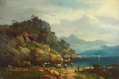 Hermann Hemstedt, deutsch, um 1839 - 1880, voralpine Seenlandschaft, am Ufer Hirte mit Viehherde bei der Tränke, verblauendes Bergpanorama im Nebel, ...