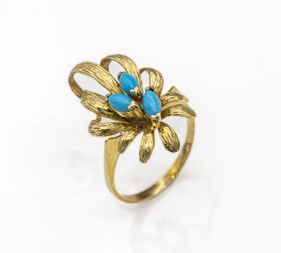 14 kt Gold Türkis-Ring, GG 585/000, abstrakt floral, 3 Türkise, RW 56, ca. 5.0 g