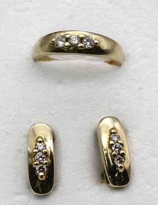 14 kt Gold Brillant-Schmuckset, GG 585/000,best. aus 1 Paar Ohrstecker, Clipbrisuren, und1 Ring, RW 58, insg. 9 Brillanten zus. ca. 0.40 ct ...