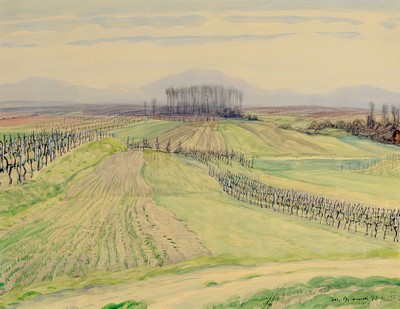 Werner Brand, 1933 Löbau-2021 Hochstadt/Pfalz, Pfälzer Landschaft mit Rebzeilen, Aquarell auf Papier, rechts unten signiert und dat. 91, ca. ca. ...