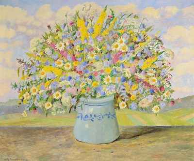 Willy Deutschmann, 1880 Oberflörsheim-1960 Petersbächel, Üppiger Wiesenblumenstrauß in Westerwälder Krug vor Landschaft, Öl/ Malkarton, links ...
