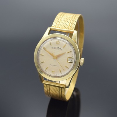 FAVRE LEUBA Herrenarmbanduhr, Schweiz um 1955, Automatik, Geh. m. Goldhaube, Stahlboden verschr., Band in GG 750/000, silb., guill. Zifferbl., gold. ...
