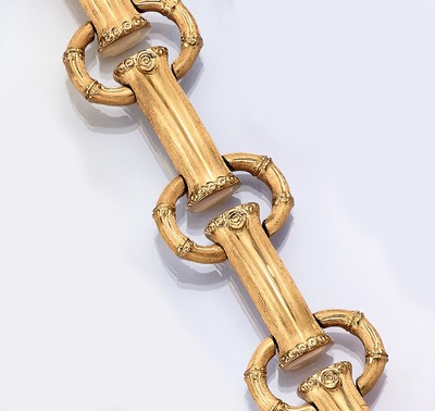 18 kt Gold Armband, GG 750/000, aufwändige Arbeit mit Stäben und Ringen, Rindengravur, L.ca. 20 cm, Kastenschloß mit Sicherheitsacht, ca. 56.6 g