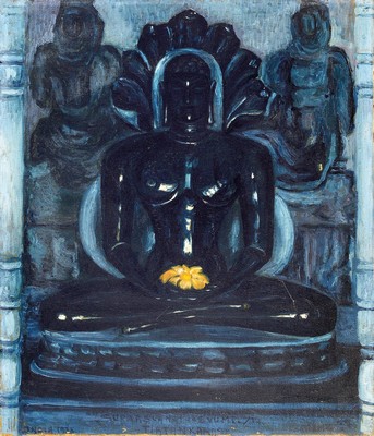 SFB bzw. S.F. Bronner, Künstler der Mitte des 20.Jh., Blick in einen thailändischen Schrein, Buddha mit gelber Lotosblüte, monochromo blaue ...