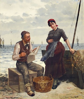 Joseph Kinzel, 1852 Lobenstein - 1925 Spitz an der Donau, Studium an den Akademien Wien und München, Genrebild, "Interessante Neuigkeiten" ...