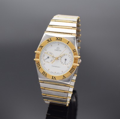 OMEGA Constellation Herrenarmbanduhr in Stahl/Gold, Schweiz um 1995, quarz, orig. Gliederband m. Faltschl., Boden aufgedr., Goldlünette m. röm. ...