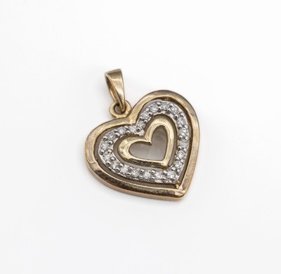 9 kt Gold Diamant-Anhänger "Herz", GG/WG 375/000, ca. 1.5 x 1.4 cm, 21 8/8-Diamanten zus. ca. 0.15 ct Weiß/si-p