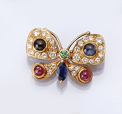 18 kt Gold Diamant-Farbstein-Brosche "Schmetterling", GG 750/000, 22 Brillanten und 6 8/8-Diamanten zus. ca. 0.65 ct feines ...