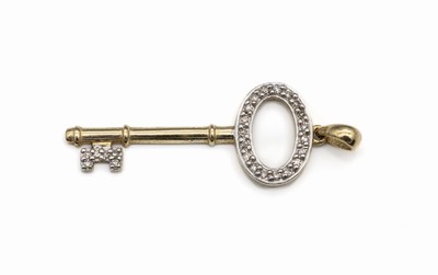 10 kt Gold Diamant-Anhänger "Schlüssel", GG416/000, 25 8/8-Diamanten zus. ca. 0.10 ct Weiß-get.Weiß/p, ca. 2.6 x 1.1 cm