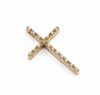 14 kt Gold Brillant-Kreuzanhänger, GG 585/000, 16 Brillanten zus. ca. 0.20 ct Weiß/si, ca. 2.6 x 1.7 cm