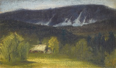 Hermann Hendrich, 1856-1931, Haus in Landschaft, Öl/Holz, rückseitig mit handschriftl. Gedicht, Widmung und Signatur: Maler und Geburtstagsdichter ...