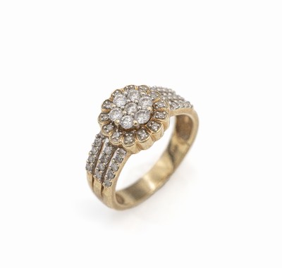 14 kt Gold Diamant-Ring, GG 585/000, 7 Brillanten und 37 8/8-Diamanten zus. ca. 0.80 ct Weiß/p, RW 54, ca. 4.5 g