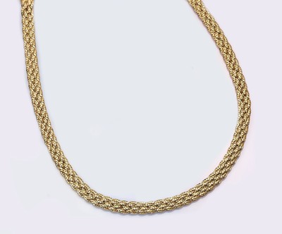 14 kt Gold Collier, GG 585/000, 4-reihig ineinander verflochten, B. ca. 8 mm, L. ca. 42 cm, Kastenschloß mit doppelter Sicherheitsacht, ca. 30.8 g