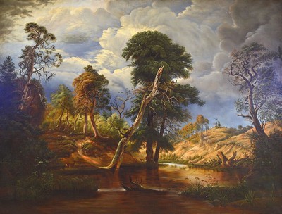 Werner, Künstler der Mitte des 19.Jh., große spätromantische Landschaft, wilder Flusslauf in Gewitterstimmung, rechts unten signiert, Öl/Lwd, ...
