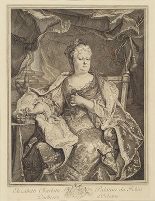 Hyacinthe Rigaud, 1659-1743, Kupferstich, Liselotte von der Pfalz, "Elisabeth Charlotte Palatine du Rhin, Duchesse d'Orleon", ...
