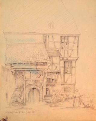 Aus dem Nachlaß Friedrich Eugen Peipers, 1805-1885, Ansicht eines Fachwerkhauses in Oberwesel, Bleistiftzeichnung auf Papier, links unten bez.: ...