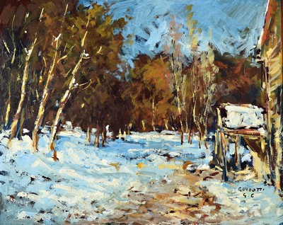 Gian Carlo Guidotti, zeitgen. italienischer Maler, Winterliche Waldlandschaft, Öl und Acryl auf Hartfaserplatte, rechts unten signiert, ca. 40x50cm, ...