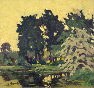 Alfred Rasenberger, 1885-1948 Düsseldorf, Weiher am Waldrand, Öl/Hartfaser, links unten signiert, ca. 23x24cm, R. ca. 25.5x27cm