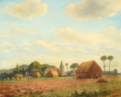Elise Marie, geb. 1934, belgische Malerin, Landschaft mit Blick auf Heuschober und Dorf, Öl/Holz, rechts unten signiert, ca. 21x26.5cm