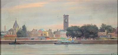 Alfred Dupré, 1904 Köln-1956 München, Blick über den Rhein auf Köln St. Marien Lyskirchen, Öl/Hartfaser, rechts unten signiert, ca. 11.5x24cm, ...