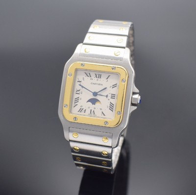 CARTIER Santos Herrenarmbanduhr in Stahl/Gold mit Mondphase Referenz 119901, Schweiz um 1995, quarz, Boden 8-fach verschr., orig. Gliederband m. ...