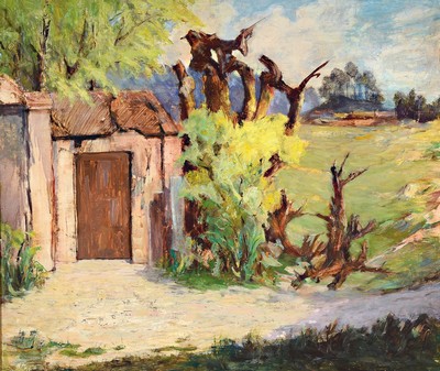 Alexander Eisenberg, zeitgen. Maler aus Tilsit, Schüler von Bruno Wiese und an der Academie Grande Chaumiere in Paris, hier: Landschaft mit Kate, ...
