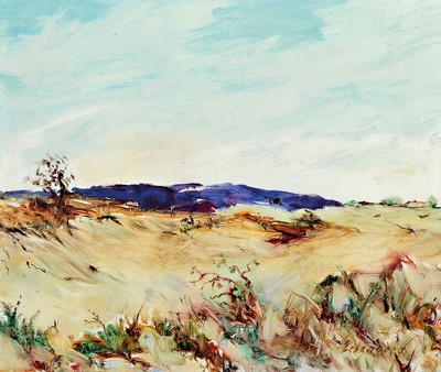 Alexander Eisenberg, zeitgen. Maler aus Tilsit, Schüler von Bruno Wiese und an der Academie Grande Chaumiere in Paris, hier: Landschaft in den ...