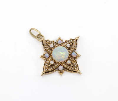 15 kt Gold Opal-Perl-Anhänger mit Diamanten um 1900, GG 625/000, 5 Opal-Cabochons zus. ca. 1.80 ct, 4 Altschliffdiamanten zus. ca. 0.18 ct feines ...