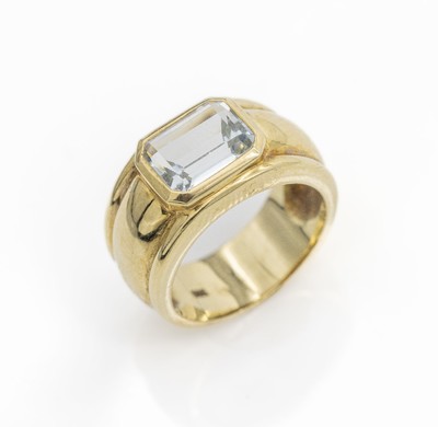 14 kt Gold Aquamarin-Ring, GG 585/000, Aquamarin im Emerald Cut ca. 3.60 ct, ca. 9.9 g, RW 54