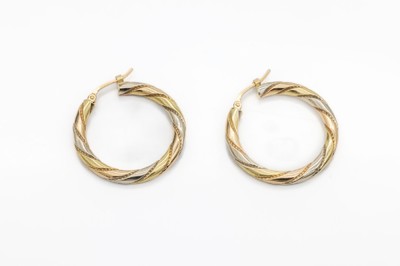 Paar 18 kt Gold Ohrcreolen, GG/WG/RG 750/000, z.T. strukturiert, D. ca. 2 cm, ca. 2.4 g