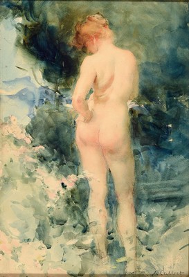 Antoine Calbet, 1860 Engayrac-1944 Paris, stehender weiblicher Rückenakt im Wald, Aquarell über Bleistift auf Papier, rechts unten signiert, ca. ...