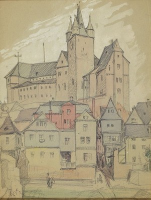 Karl Pettau, Maler der Düsseldorfer Schule, Ansicht von Diez an der Lahn, aquarellierte Bleistiftzeichnung, links unten signiert, ca. 30x23cm, ...
