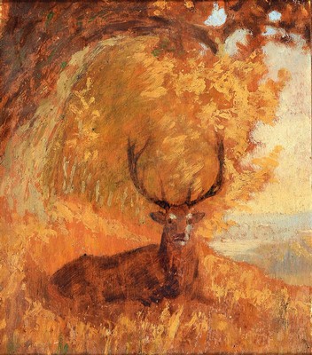 Zuschreibung: Eduard Ockel, 1834 Schwante-1910 Berlin, Hirsch im Herbstwald, Öl/Holz, ca. 22x19cm, R. ca. 34x31cm