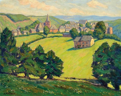 Alfred Holler, 1888 Krefeld-vor 1955, Sommerliche hügelige Landschaft mit Blick auf eine Ortschaft mit Kirche, Öl/Lwd, links unten signiert, ca. ...