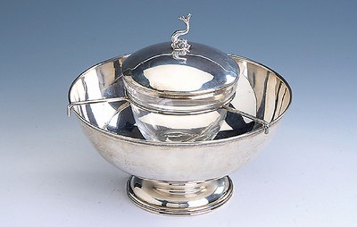 Kaviarschale, 900er Silber, vermutlich Italien, schlichtes Design, angedeuteter Perlleistenrand, Deckel für Glaseinsatz mit Handhabe in Form eines ...